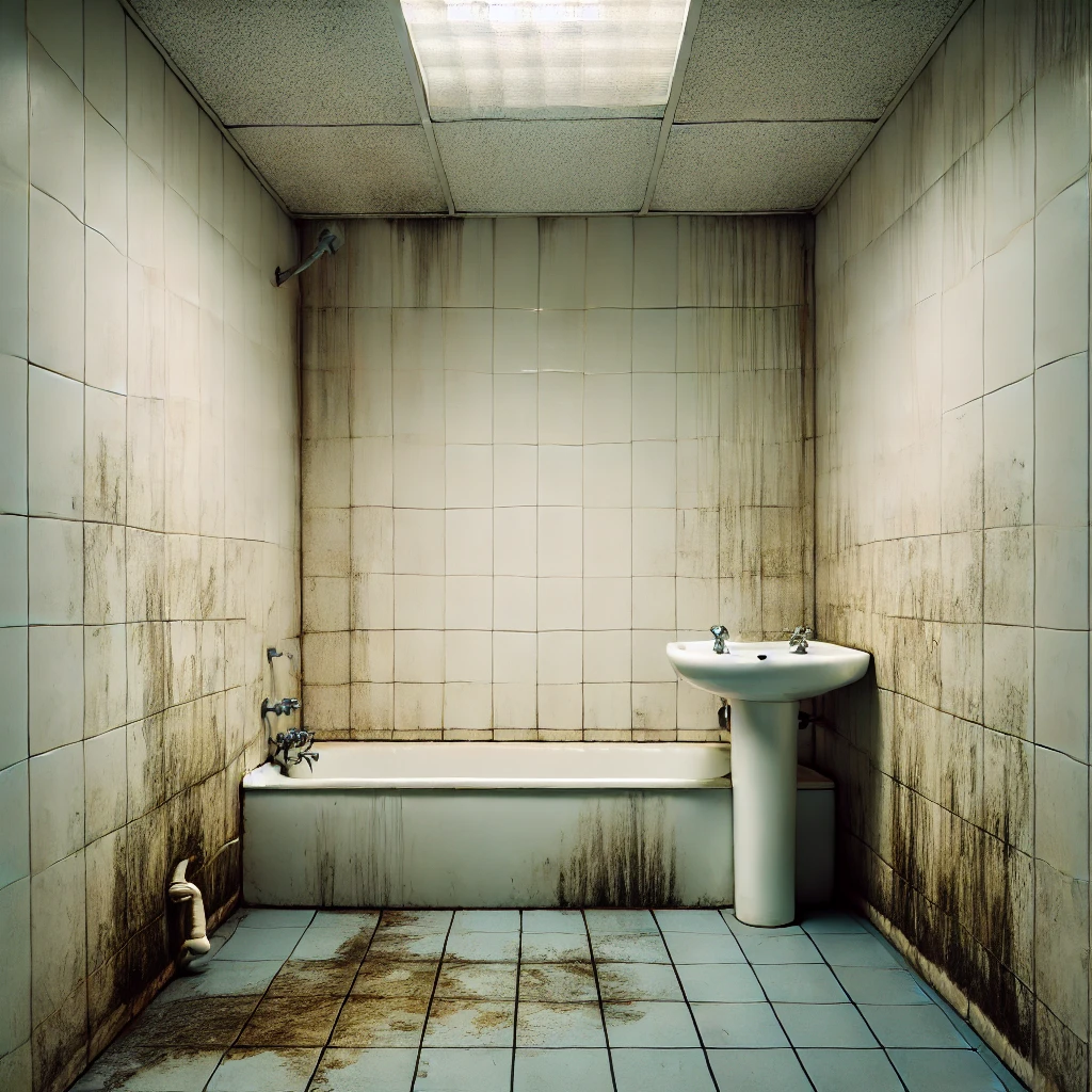 DALL·E 2024-07-02 13.45.17 - A bathroom with slight water damage. The walls have small patches of dampness with some peeling paint. There is minimal mold in the corners, and a few